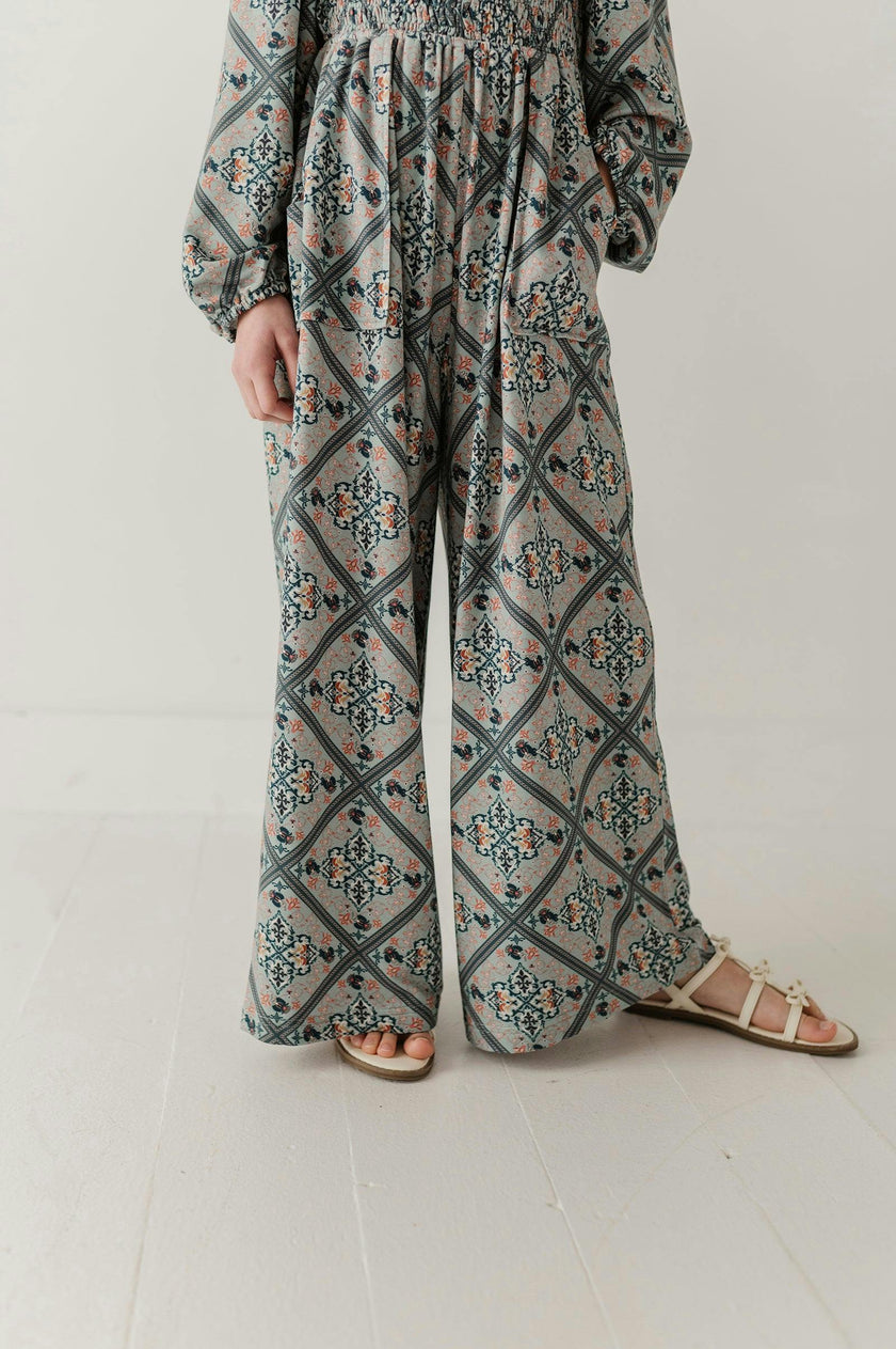 Girls Smocking Knit Jumpsuit in Landon Ethnic Diamond