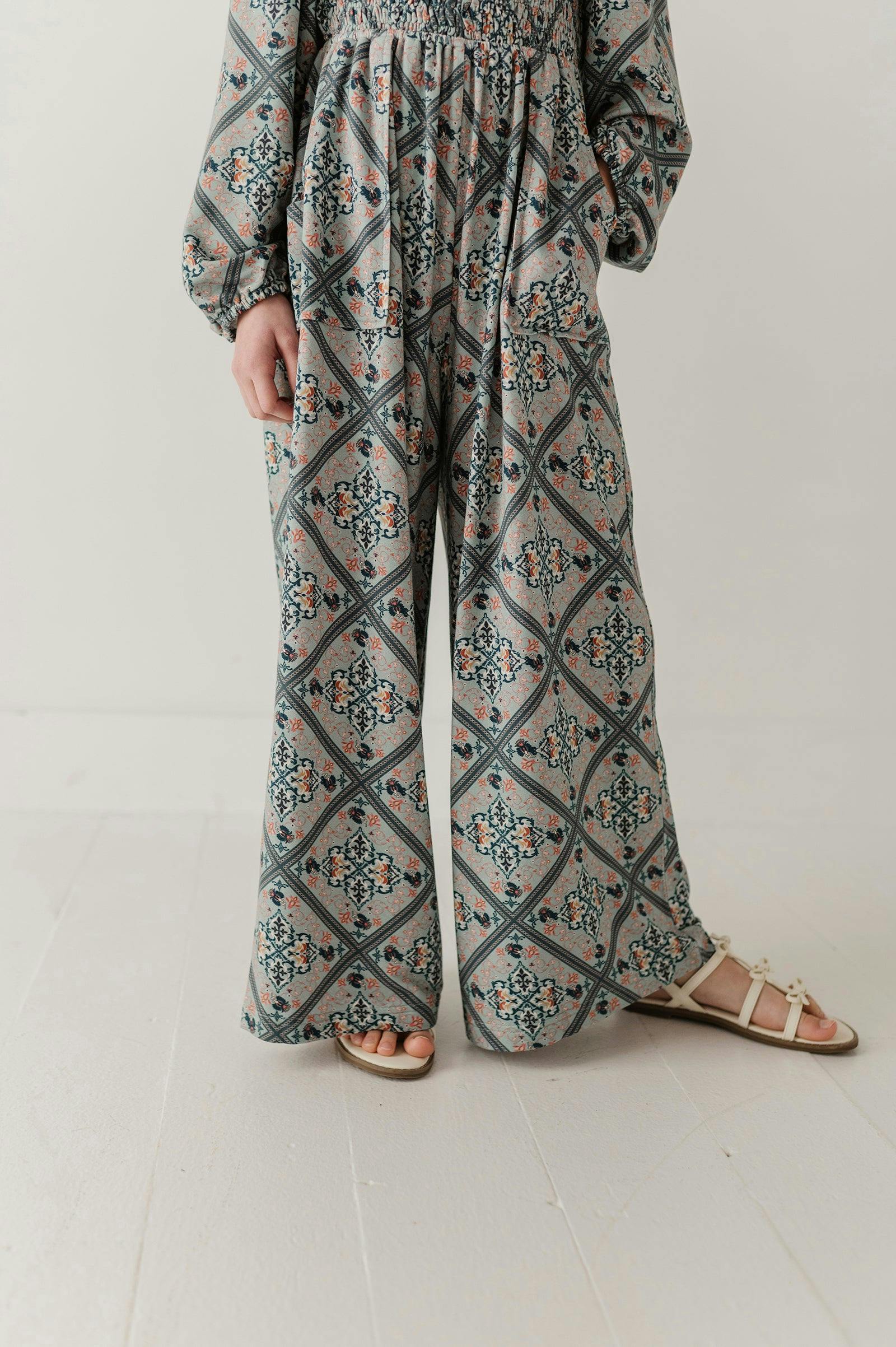 Girls Smocking Knit Jumpsuit in Landon Ethnic Diamond