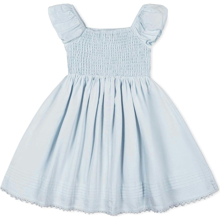 Organic Sateen Cap Sleeve Special Occasion Smocked Flower Girl Dress, Blue