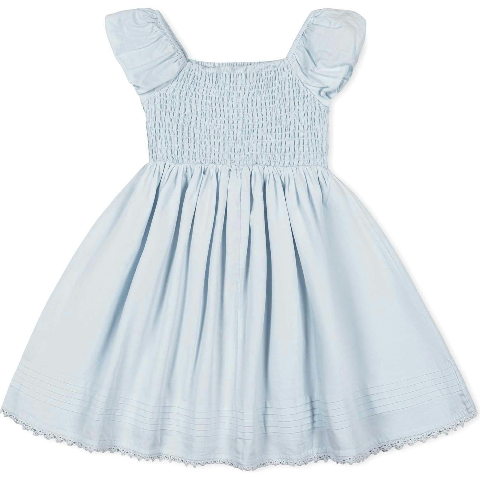 Organic Sateen Cap Sleeve Special Occasion Smocked Flower Girl Dress, Blue