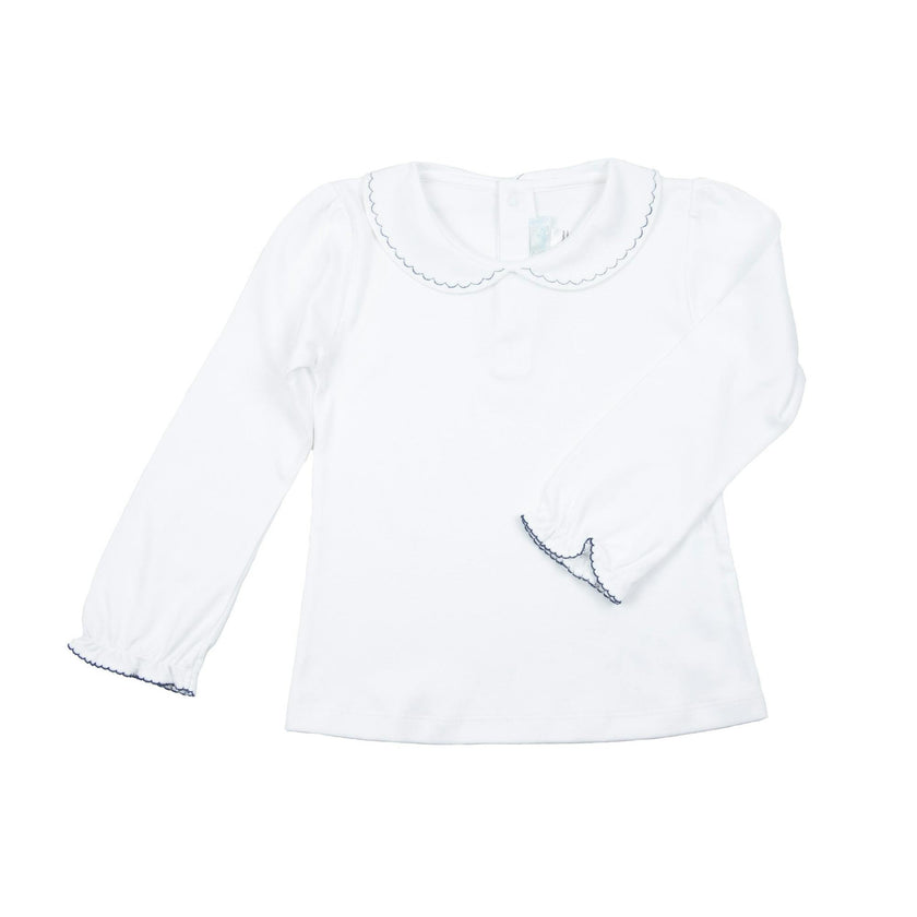 Girls White Pima Top with Navy Embroidered Collar