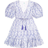 Women's Florence Ikat Baloon Sleeve Tie Waist Mini Tired Dress, Blue