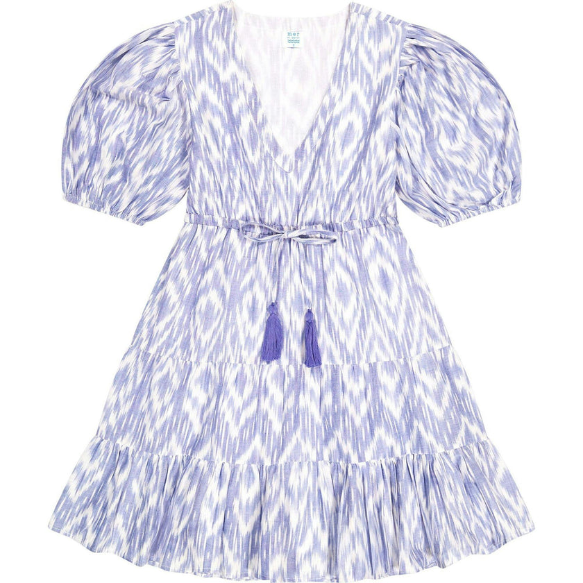 Women's Florence Ikat Baloon Sleeve Tie Waist Mini Tired Dress, Blue