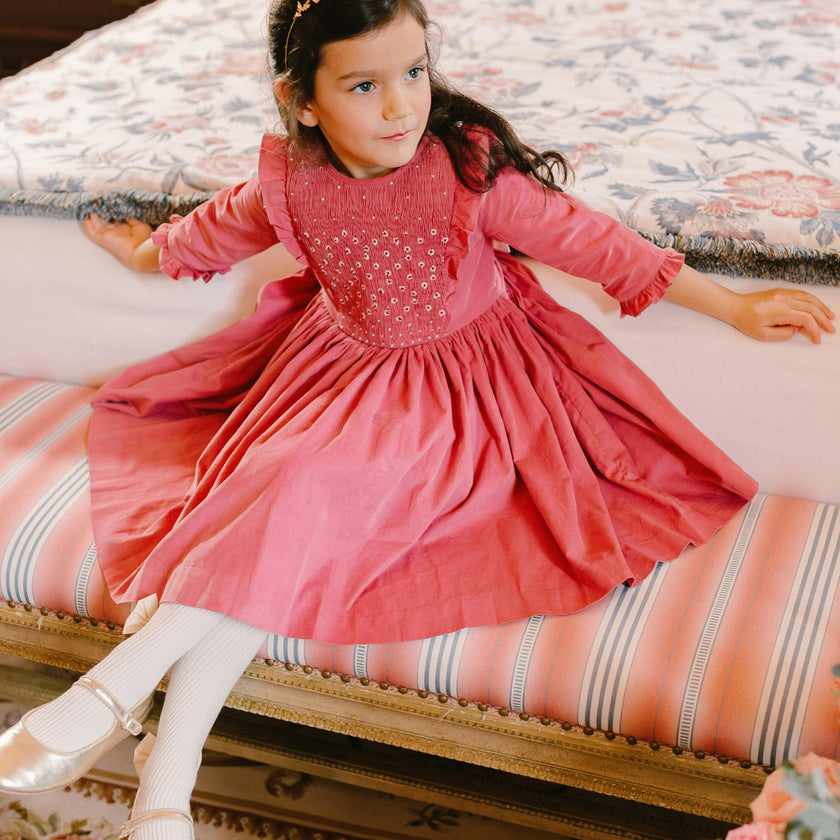 Angele Pink Corduroy Long Sleeve Smocked Dress