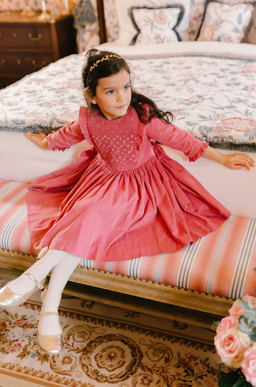 Angele Pink Corduroy Long Sleeve Smocked Dress