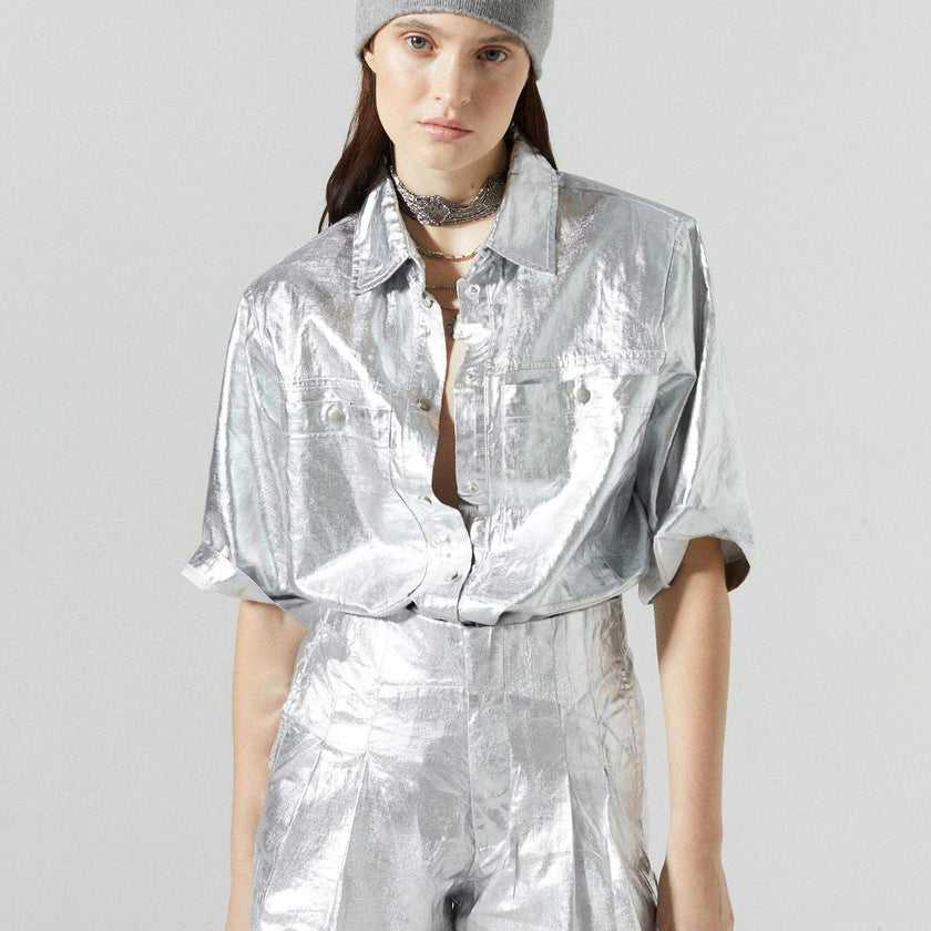 Frida Metallic Linen Shorts - New Silver