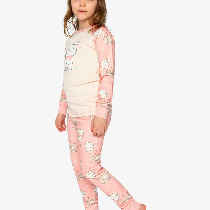 Organic Cotton Two Piece Pajama Set Pink Cat Print