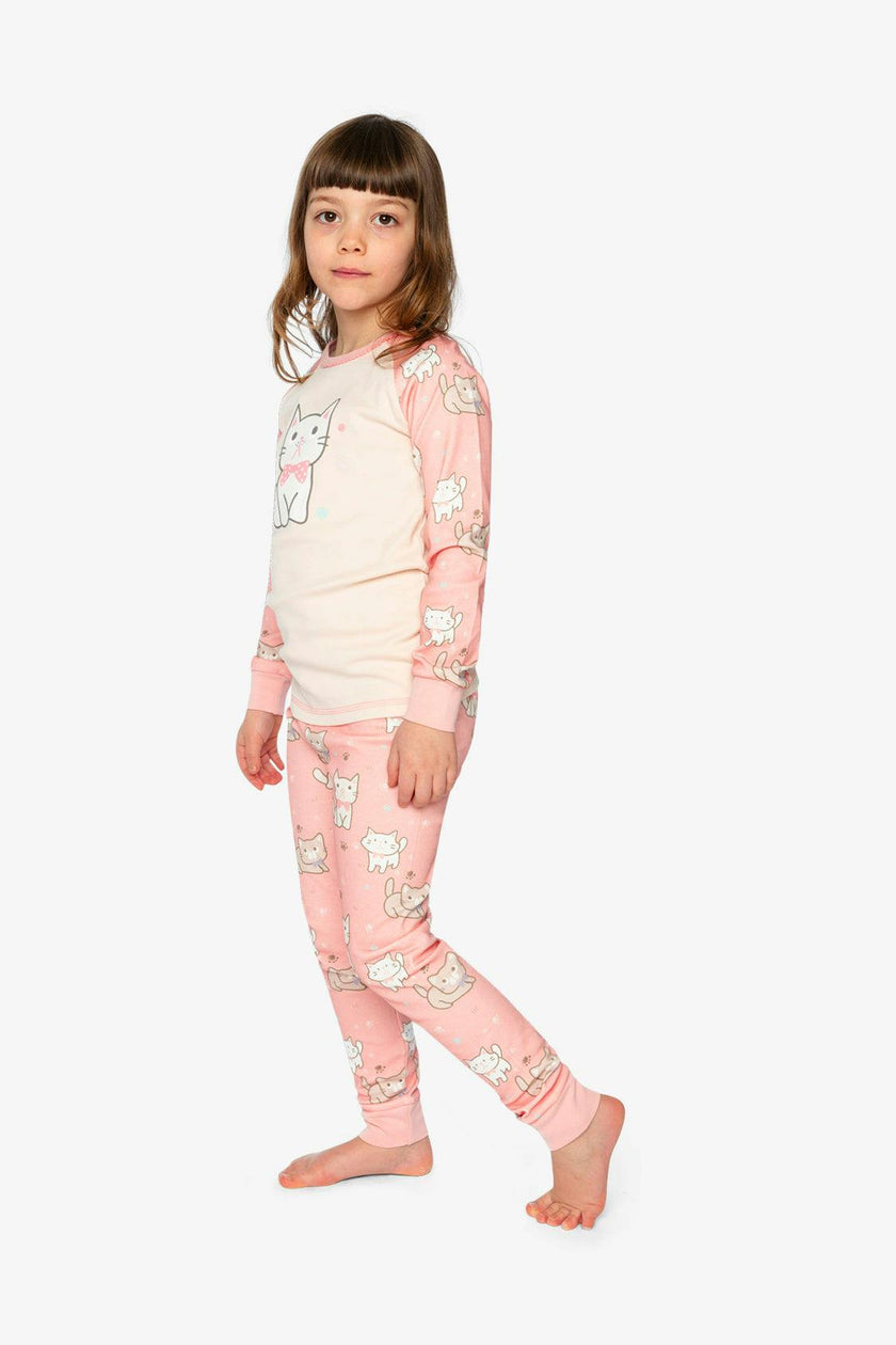Organic Cotton Two Piece Pajama Set Pink Cat Print