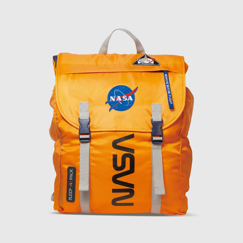 Sleep-N-Pack™ – Big Kid Size | NASA Official Logo & Patches | 2-in-1 Backpack & Sleeping Bag with Cozy Fleece Liner - ORANGE