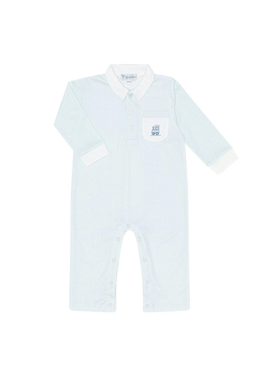Blue Herringbone Embroidered Playsuit