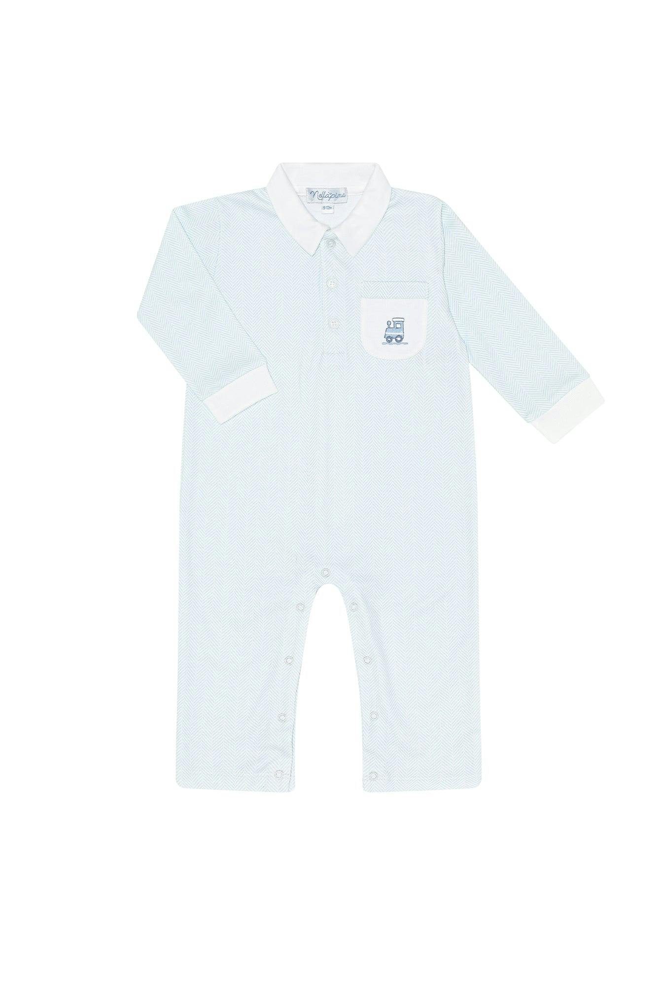 Blue Herringbone Embroidered Playsuit