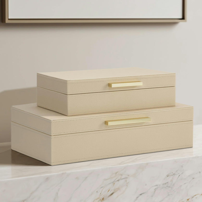 Decorative Storage Boxes with Lids - Set of 2 PU Leather Organizer Bins for Bookshelf Decor - Store Photos, Documents and Memory Box Keepsakes in Style