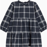 KENDI Neela Flannel Ruffle Neckline Long Sleeve Dress Navy Plaid