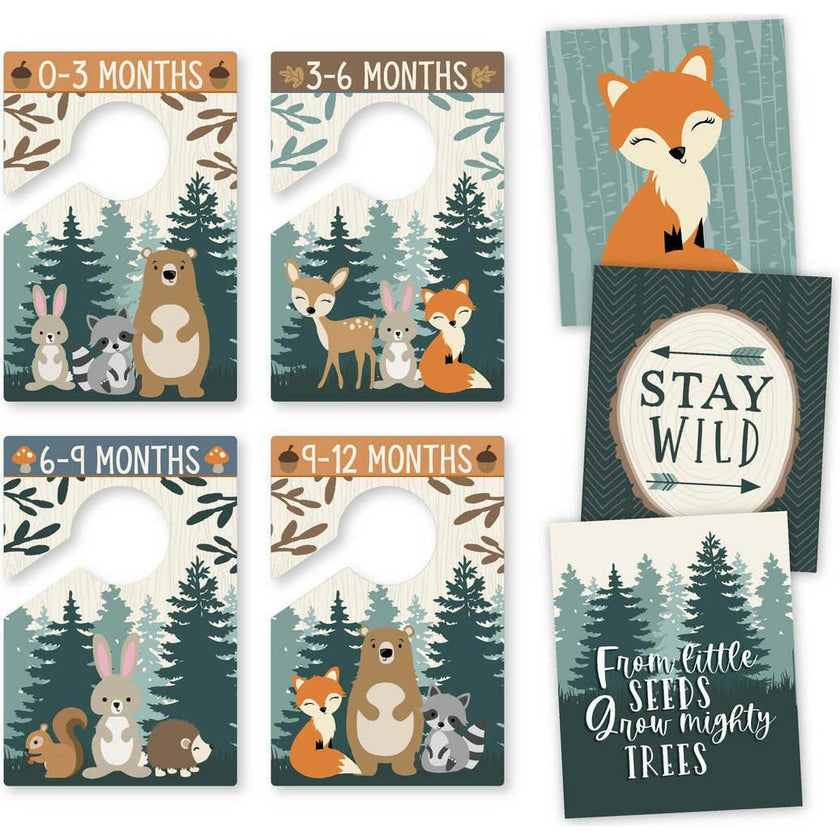 6-Piece Woodland Baby Closet Dividers & 6-Piece Nursery Wall Art Prints Baby Shower Gift