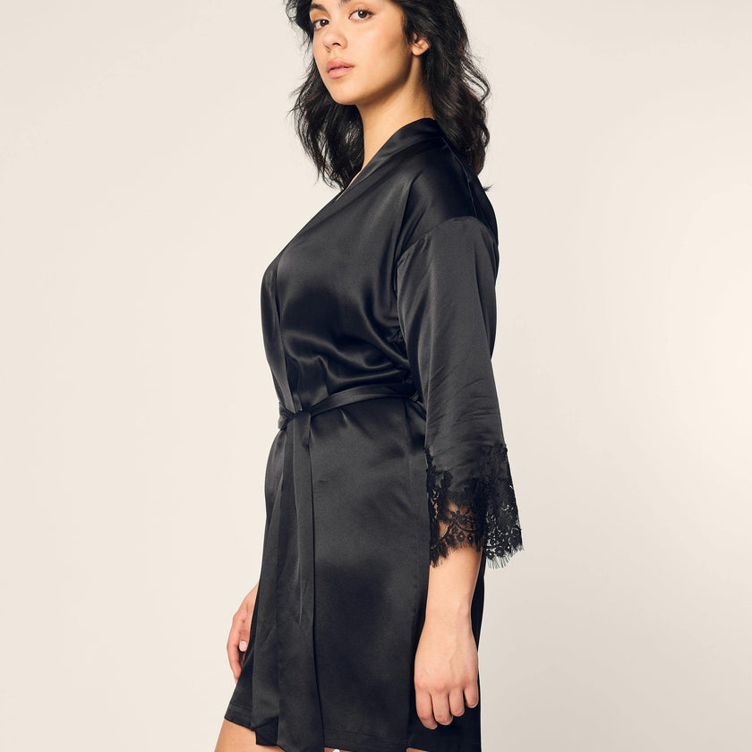Women's Silk Lace Robe in Black