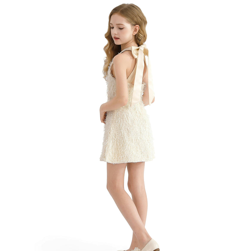 Cream Rosette Ribbon-Back Dress