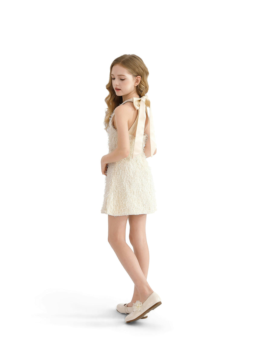 Cream Rosette Ribbon-Back Dress