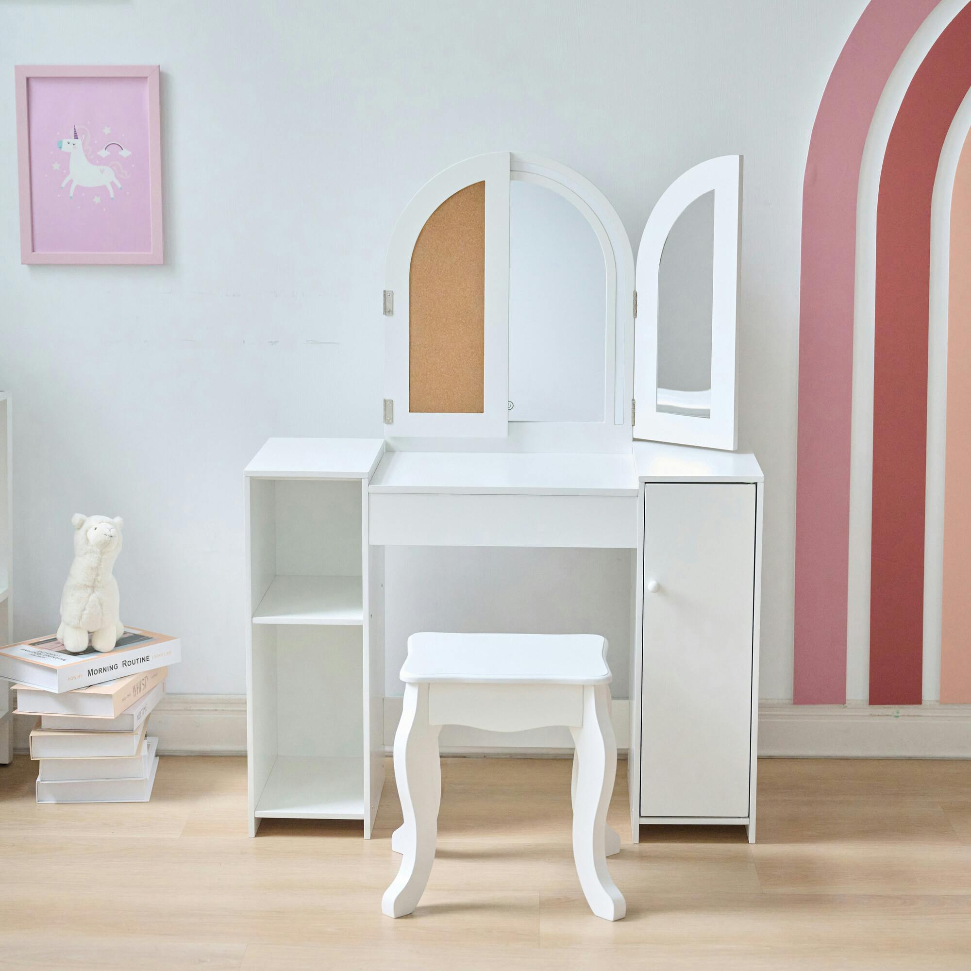 Teamson Kids Deluxe Glow Wooden Vanity Desk with LED Lights & Cork Panels
