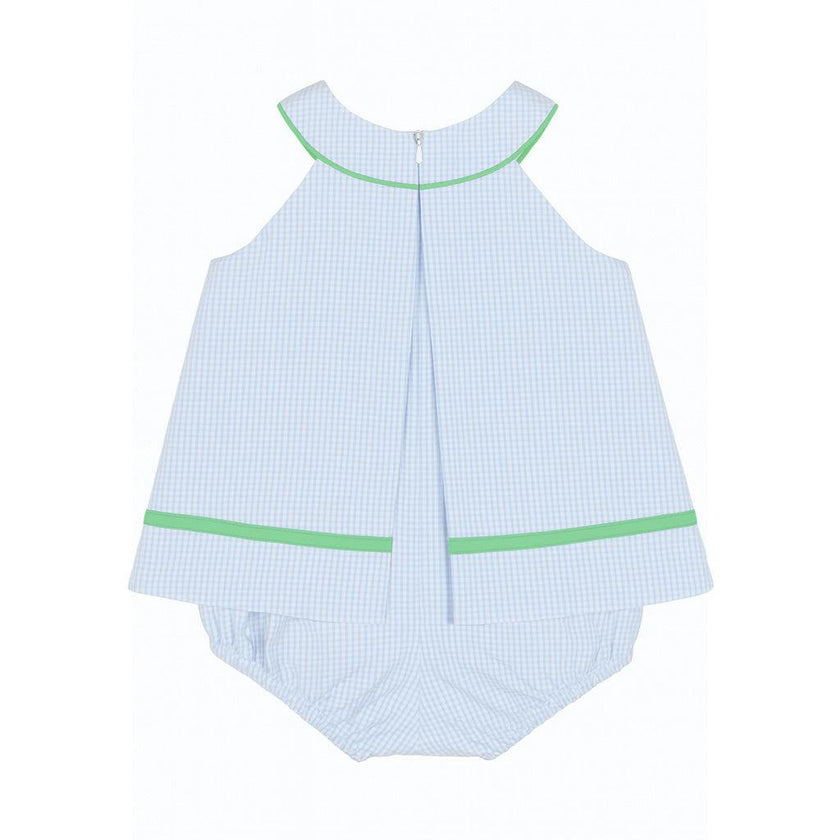 Check Seersucker Skirted Romper with Golf Cart