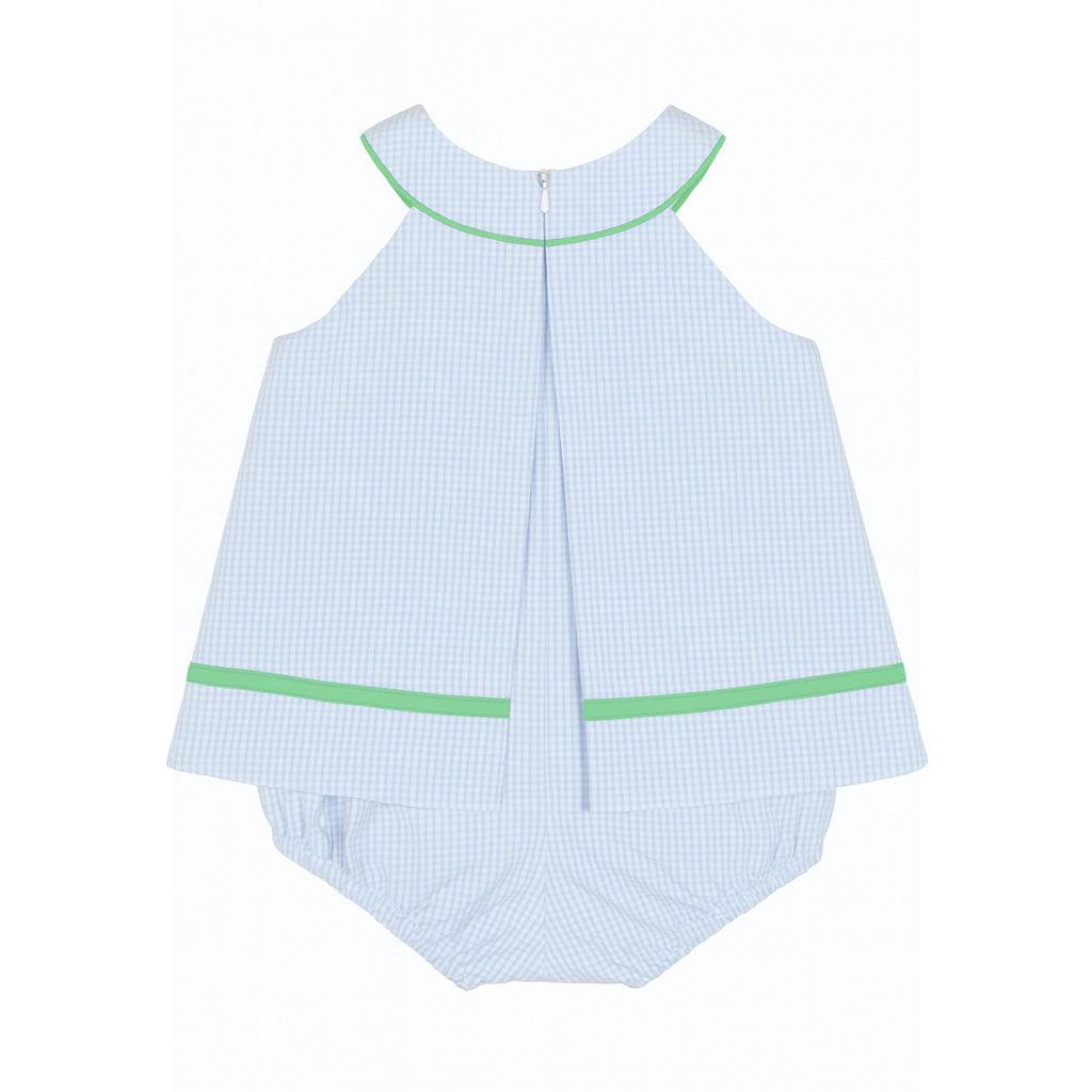 Check Seersucker Skirted Romper with Golf Cart