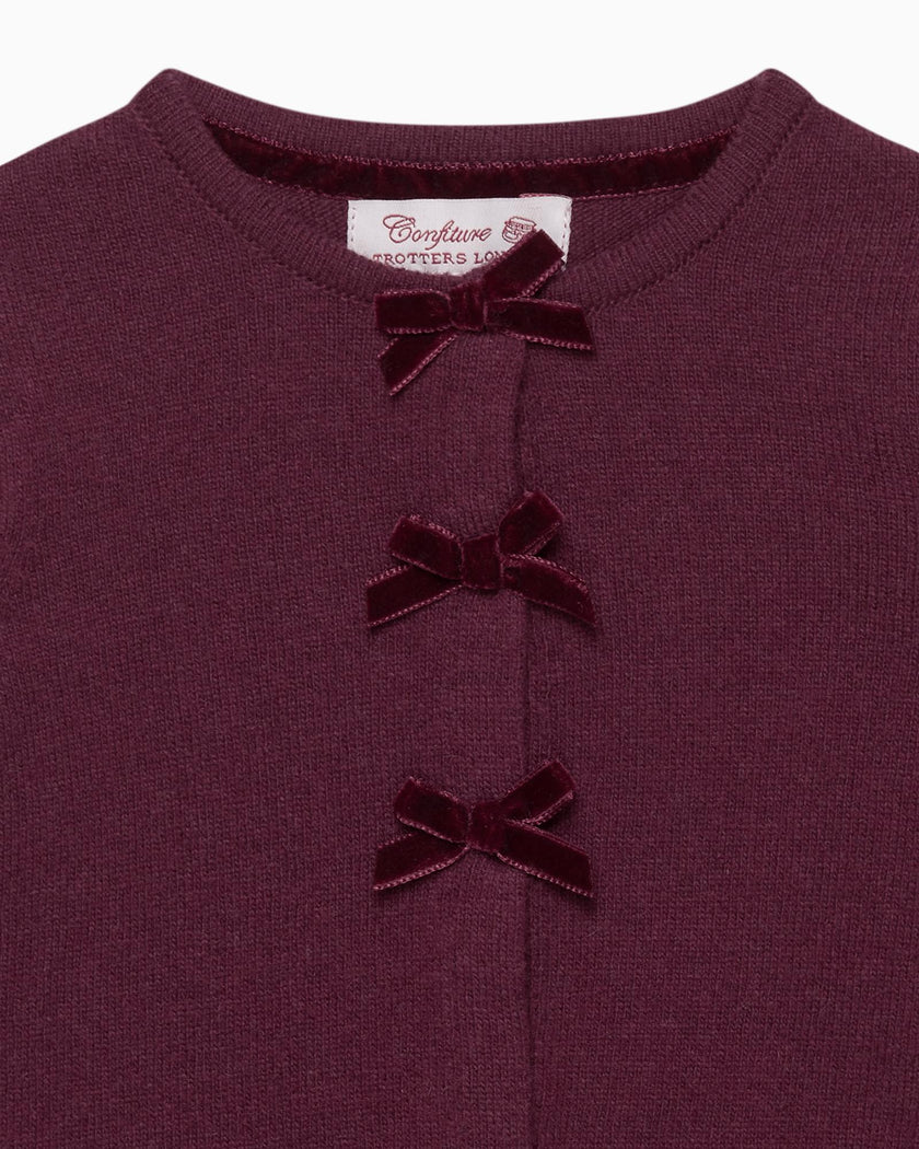 Baby Velvet Bow Cardigan in Claret