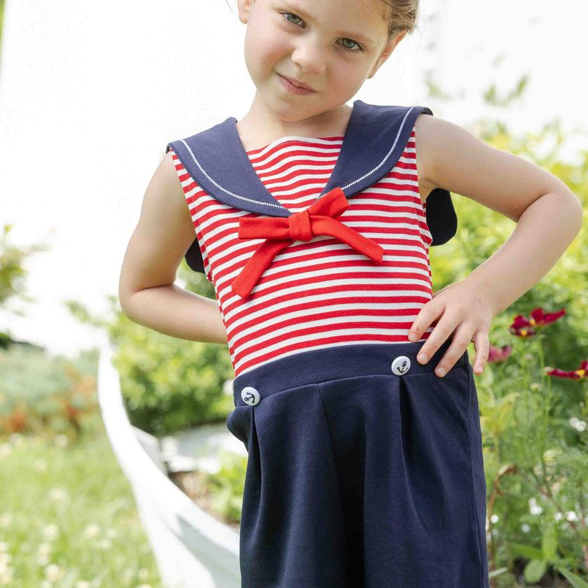 Stripe Knit Shorts Romper With Sailor Collar