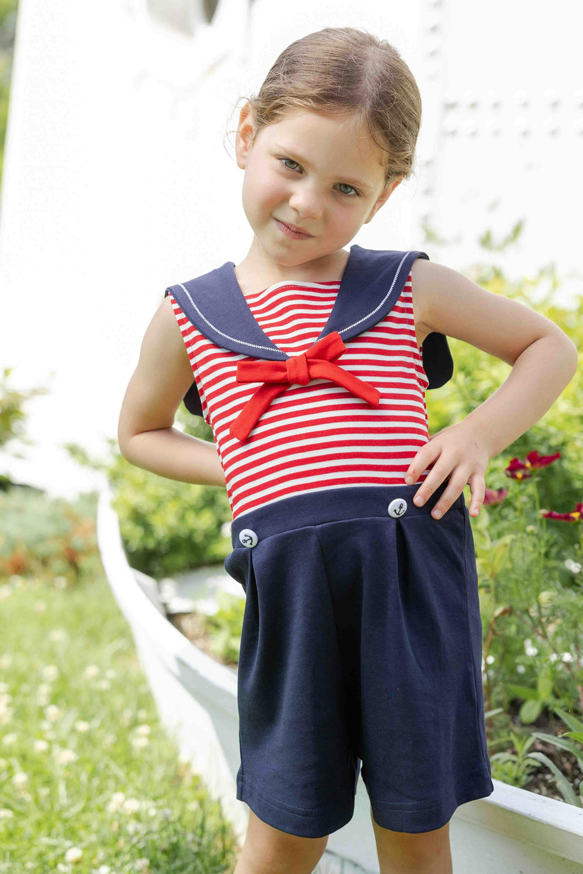 Stripe Knit Shorts Romper With Sailor Collar
