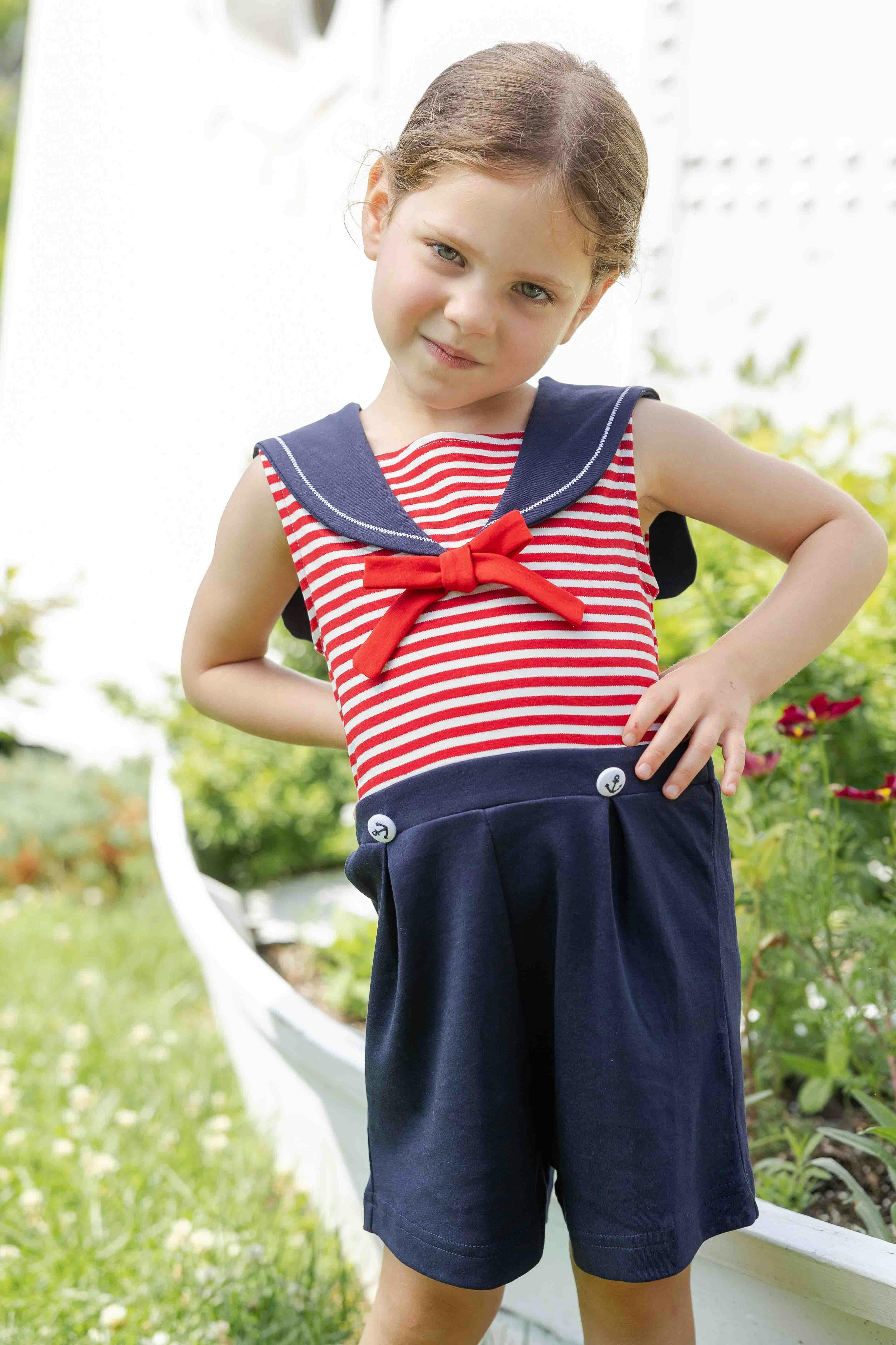 Stripe Knit Shorts Romper With Sailor Collar