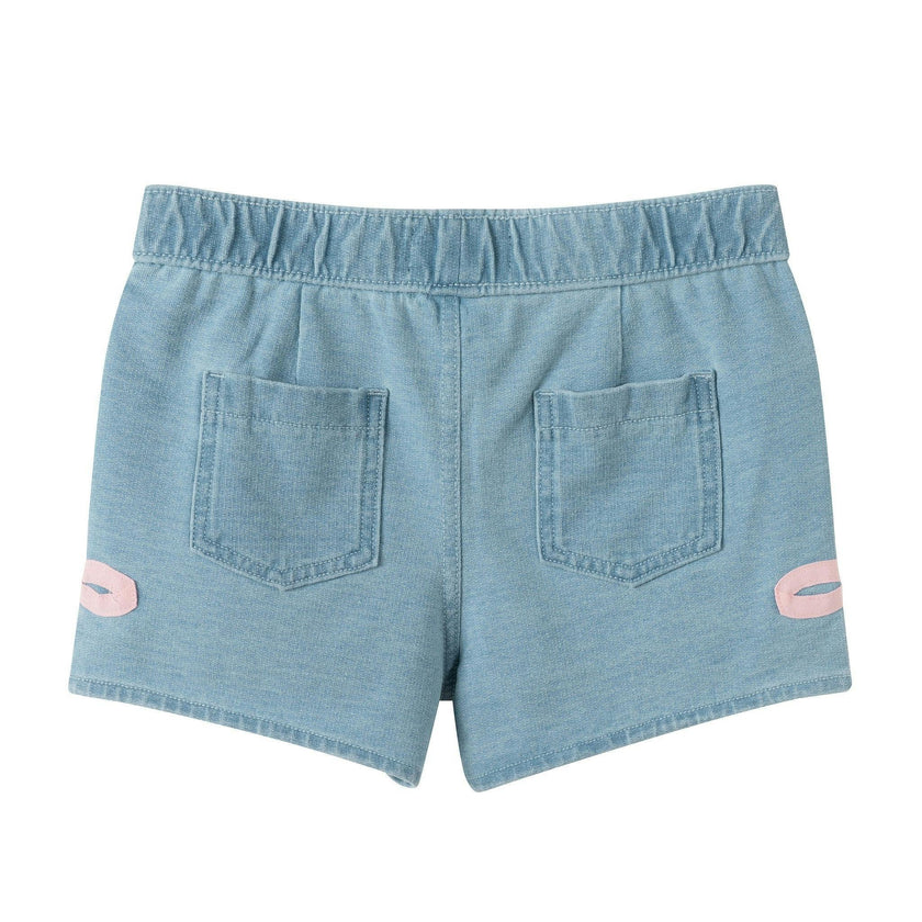 Girls Bow Hem Knit Denim Short | Blue Bow