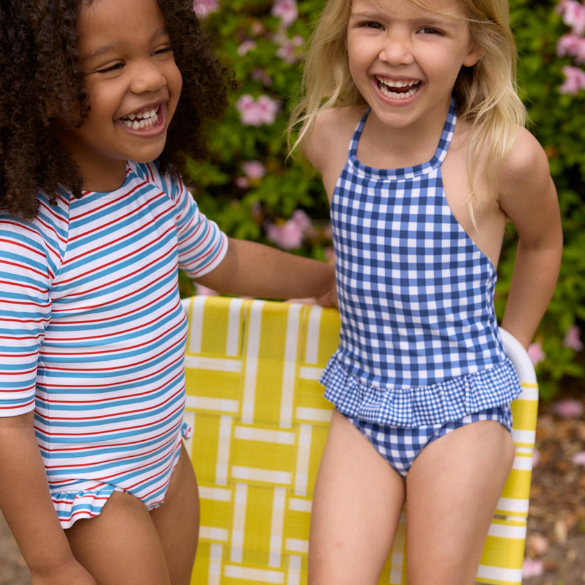 girls jetty stripe quarter sleeve rashguard one piece