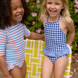 girls navy picnic gingham ruffle halter one piece