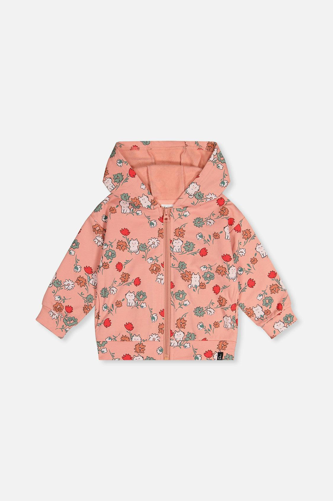 French Terry Hooded Cardigan Pink Cat Print