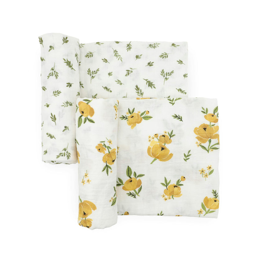 Organic Cotton Muslin Swaddle Blanket 2 Pack - Yellow Roses