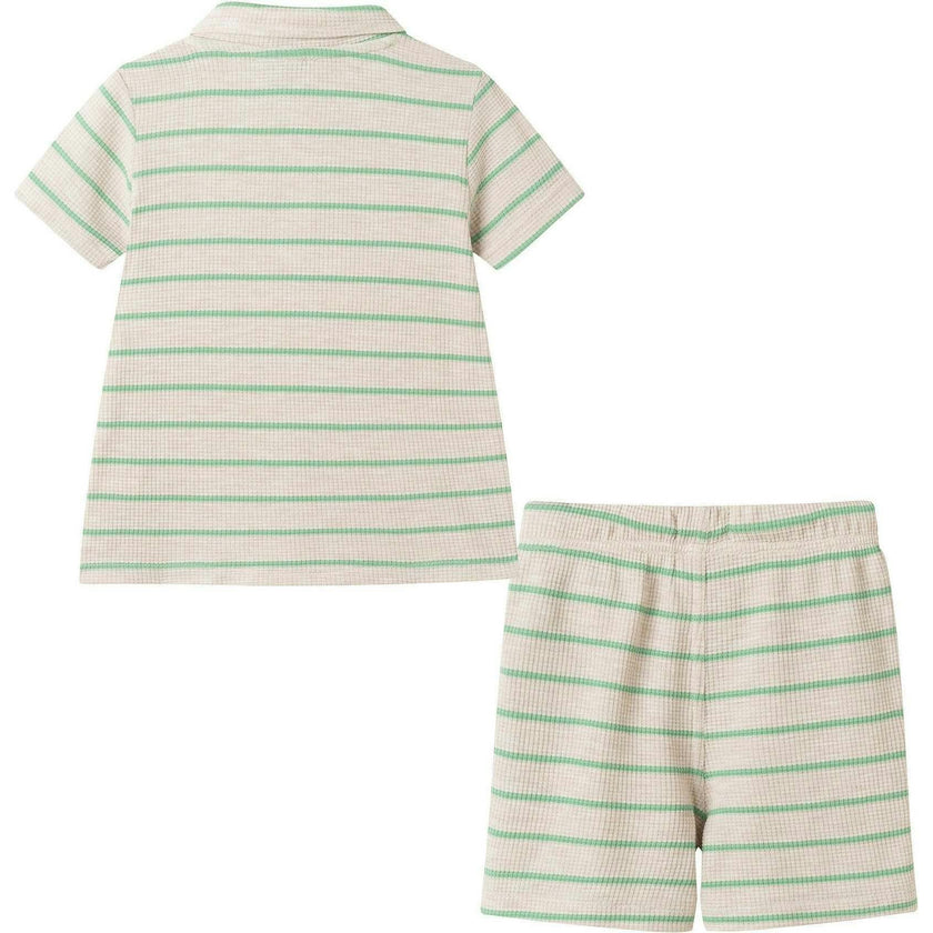 Boys Striped Waffle Polo Set | Oatmeal Dino