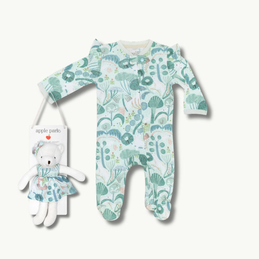 Bamboo Blend Zipper Footie & Little Bear Plush Set - Minty Bear Bloom