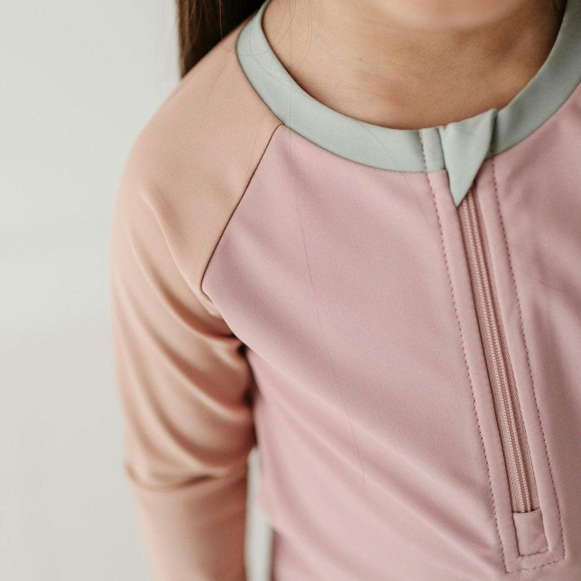 Girls Zip Rash Guard Two-Piece Swimsuit in Mauve Colorblock
