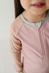 Girls Zip Rash Guard Two-Piece Swimsuit in Mauve Colorblock