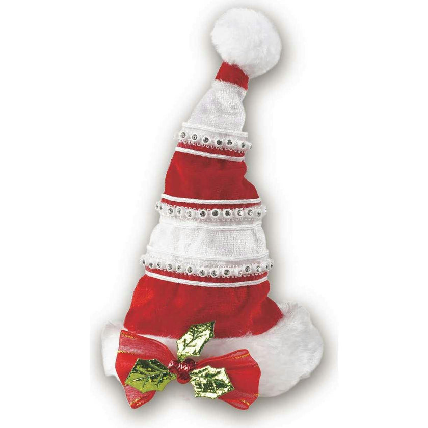 CHRISTMAS HAT - RED RIBBON W/ HOLLY LEAVES, Red