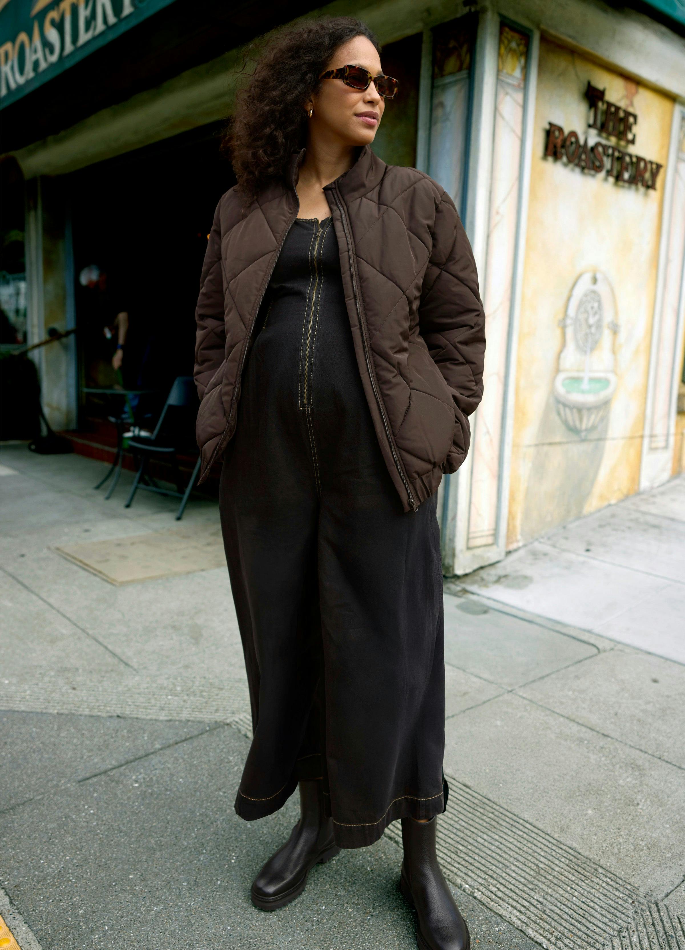 Zip Front Drapey Denim Maternity Jumpsuit