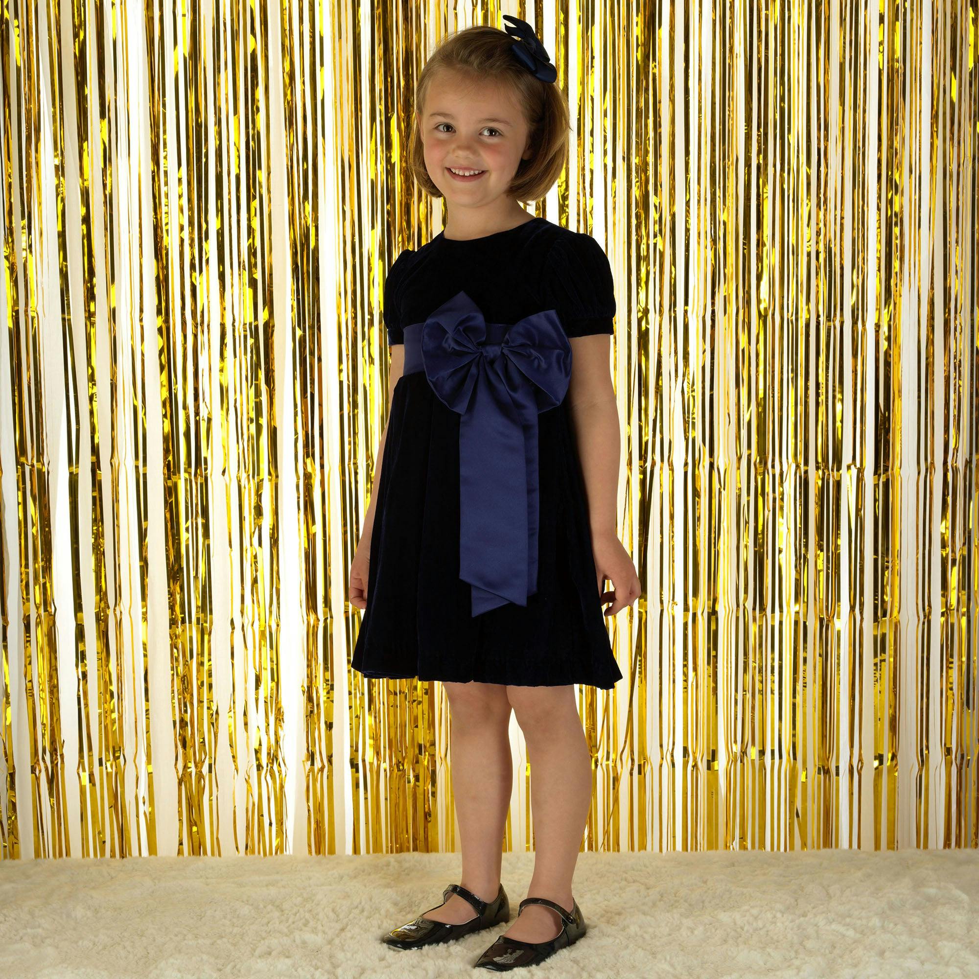 Crushed Velvet Bow Ribbon Tie Short Puff Sleeve Dress