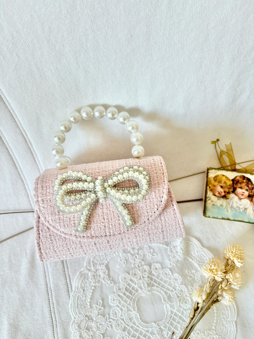 Luxe Tweed Purse with Pearl Diamond Bow - Pink