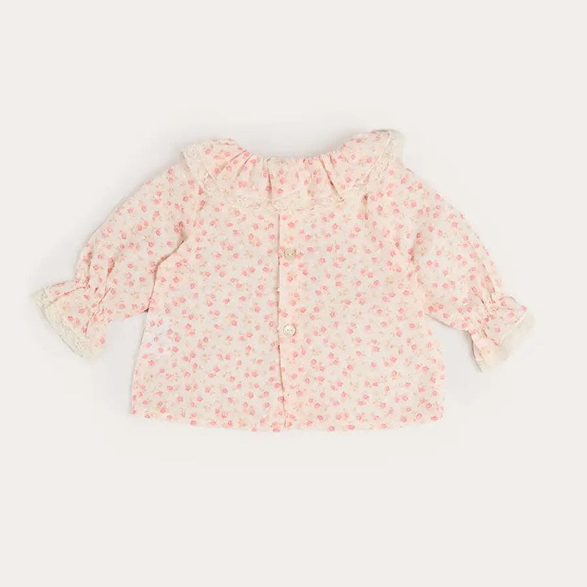 Martha Floral Ruffle Collar Lace Trim Long Sleeve Blouse in Pink (1mth-12mths)
