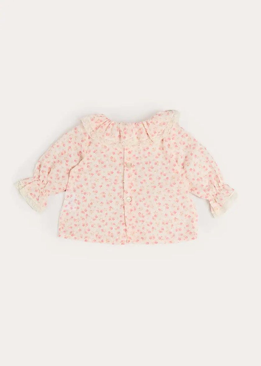 Martha Floral Ruffle Collar Lace Trim Long Sleeve Blouse in Pink (1mth-12mths)