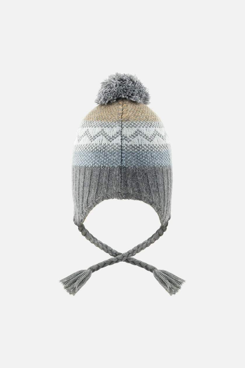 Baby Winter Peruvian Knit Hat with Pompom Grey and Blue Fair Isle