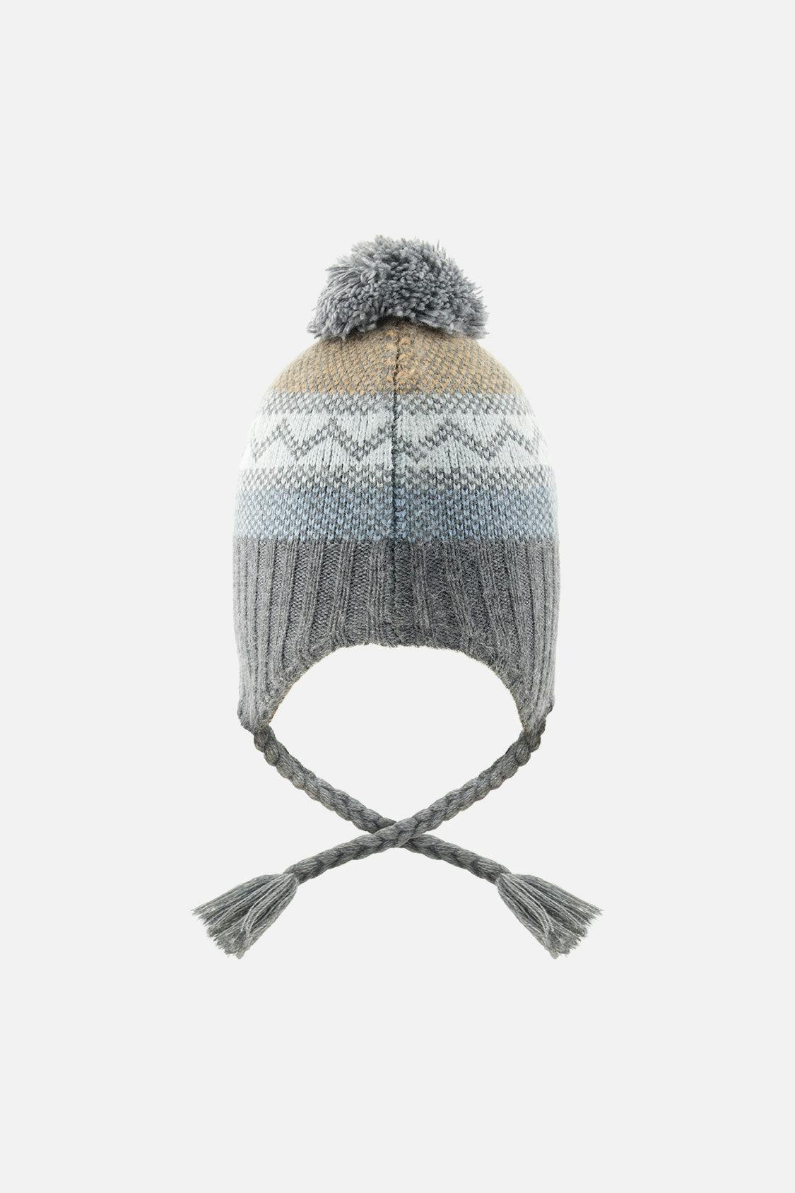 Baby Winter Peruvian Knit Hat with Pompom Grey and Blue Fair Isle