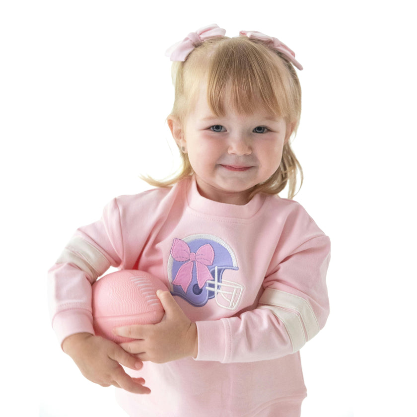 Football Helmets Pink - Drop Sleeve Sweatshirt with Varsity Stripes