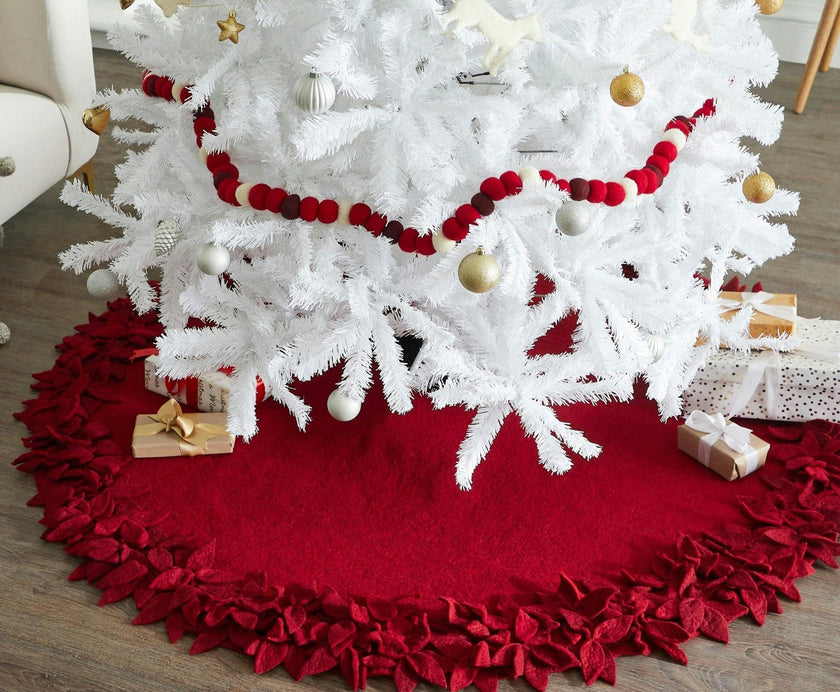 Hand Felted Wool Overlapping Flowers Border Maroon Christmas Tree Skirt 64"/72"