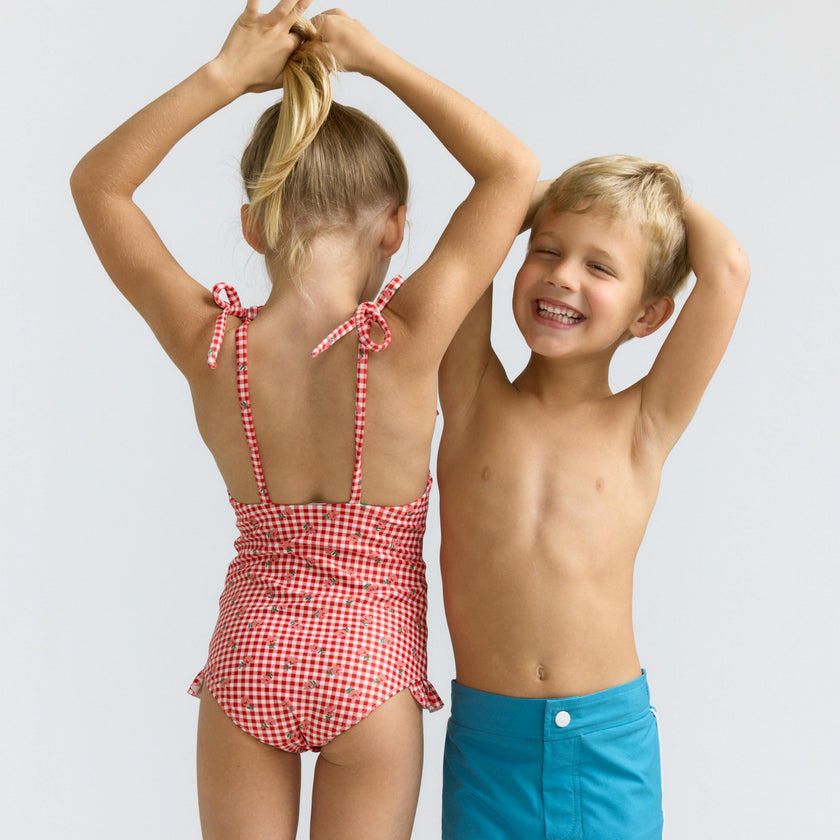 girls cranberry gingham halter one piece