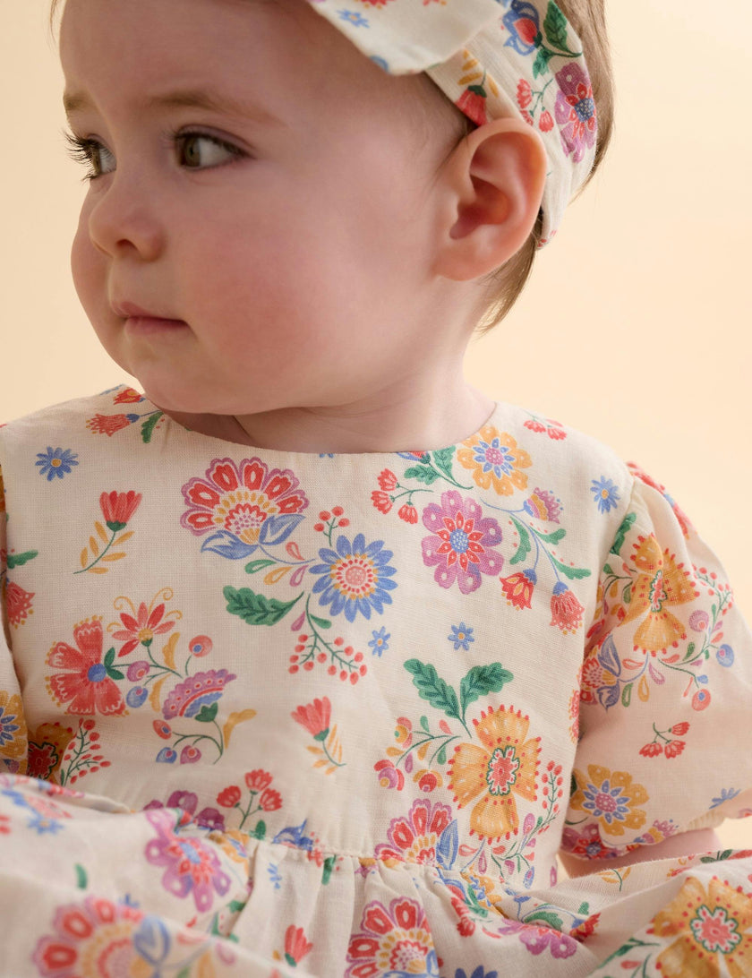 Linen Blend Dress & Headband Mexican Floral