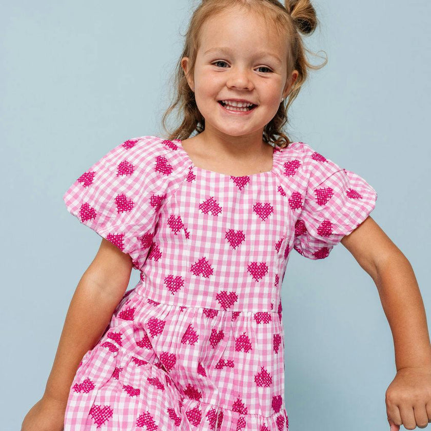 Pink Gingham Hearts Embroidery Girls Daphne Dress